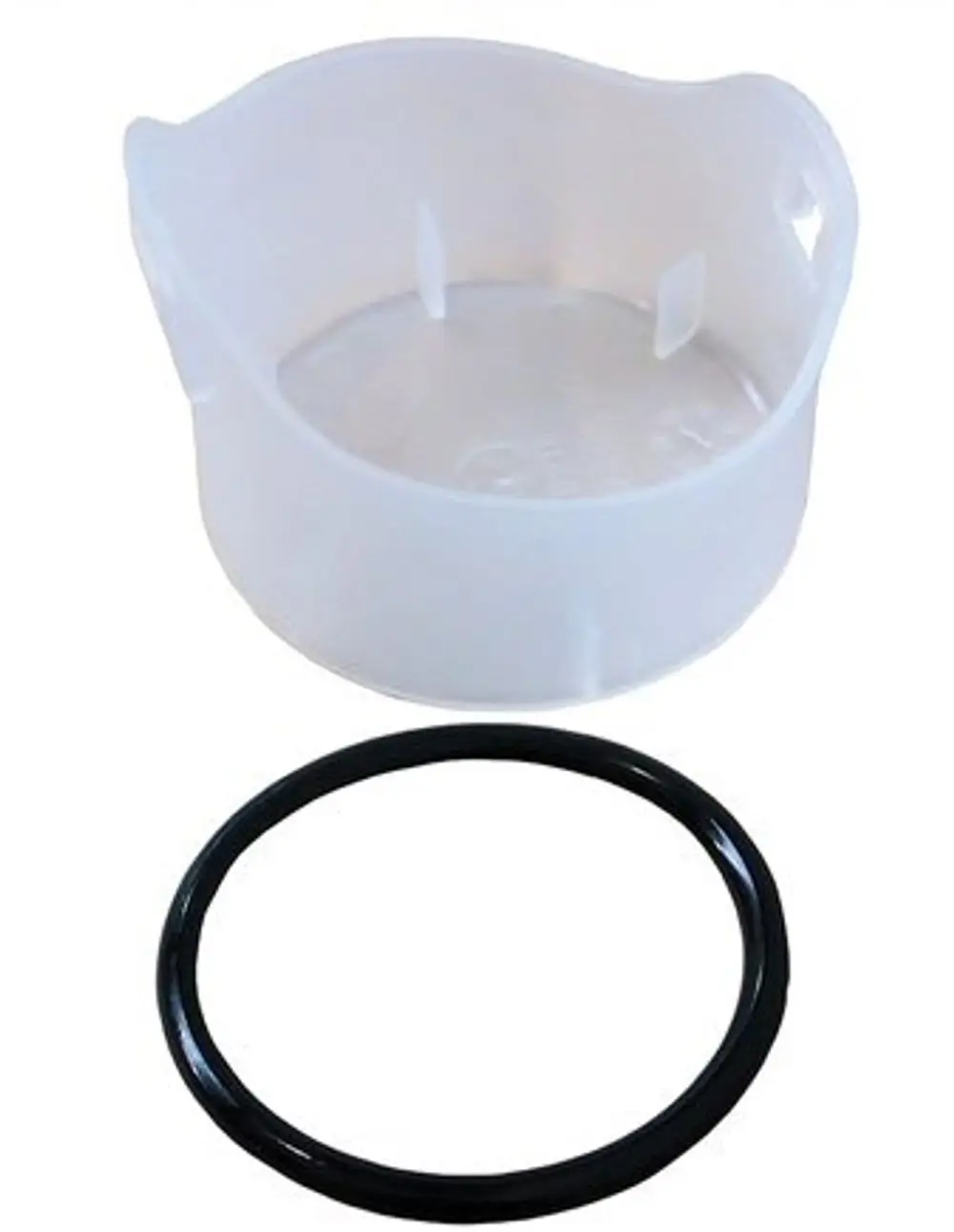 Transparente Kappe von Bosch mit einer schwarzen Dichtung. Die Kappe hat eine offene Oberseite und zwei Halterillen im Inneren. Ideal für verschiedene Anwendungen.